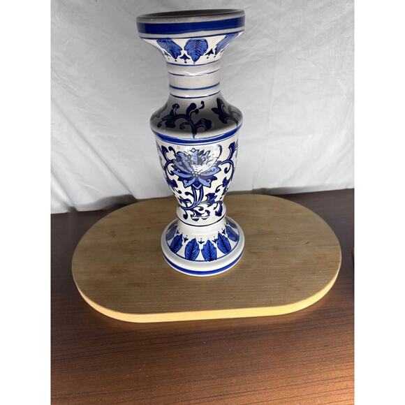 12 inch Hand Painted Blue and White Ceramic Candle Holder - Picture 4 of 7